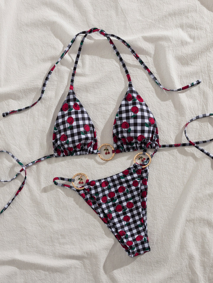 Damen Triangel-Bikini mit verspieltem Karomuster und fruchtiger Applikation Echo Archiv