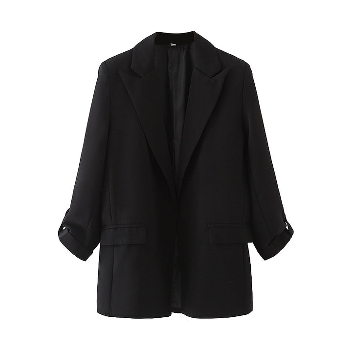 Damen lang geschnittener Oversize-Blazer mit weitem Revers aufgesetzten Pattentaschen und krempelbaren Ärmeln – Valéne