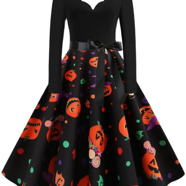 Damen Retro-Festliches Halloween-Kleid mit gewelltem Ausschnitt, taillierter Schnitt und weichem Tellerrock – Élara