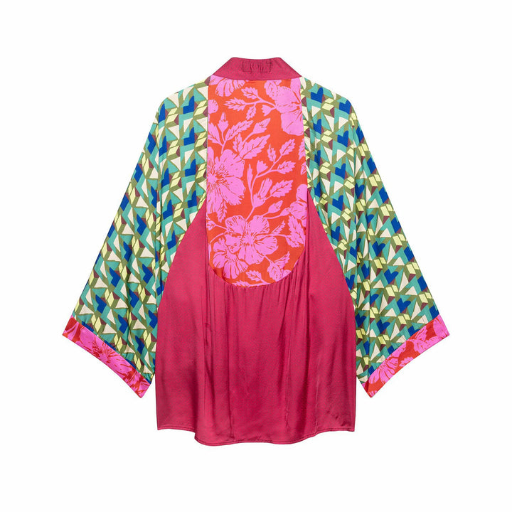 Damen Gemusterter Seiden-Kimono mit Bindegürtel und weitem Fledermausärmel Echo Archiv