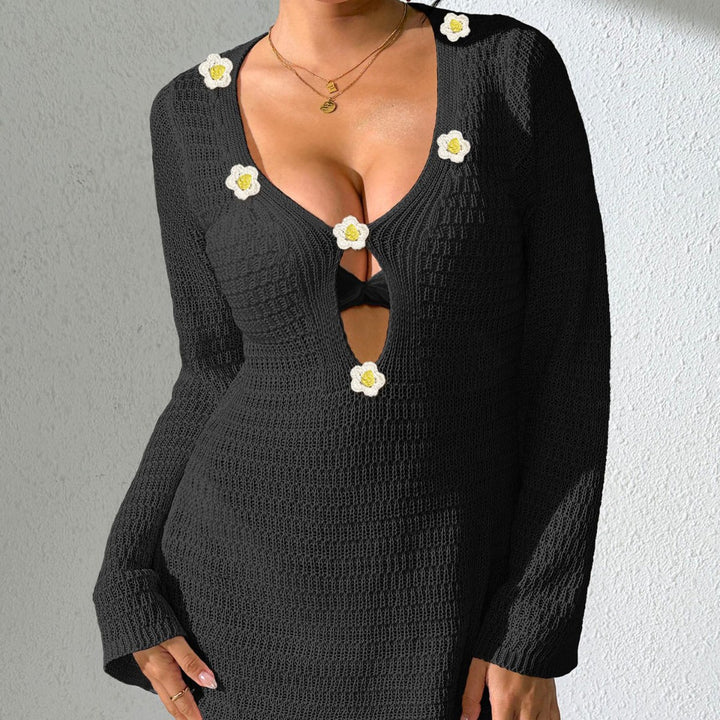 Damen lässiges Strandkleid mit dekorativem V-Ausschnitt und Blumenapplikationen Echo Archiv