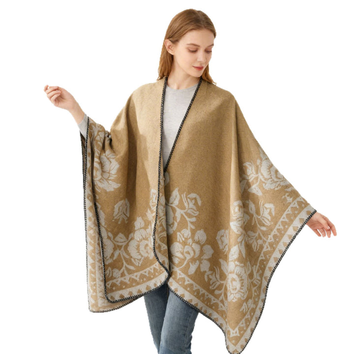Damen Weicher Oversize-Capeponcho im Blumen-Jacquard mit kontrastierter Kettelkante Echo Archiv
