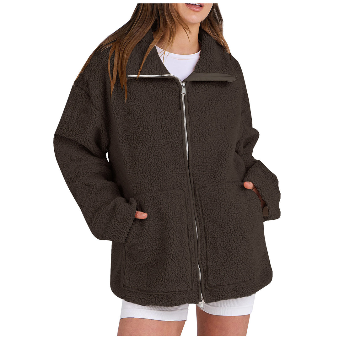 Damen nan oversized Teddyfelljacke mit Stehkragen Reißverschluss und aufgesetzten Taschen Echo Archiv