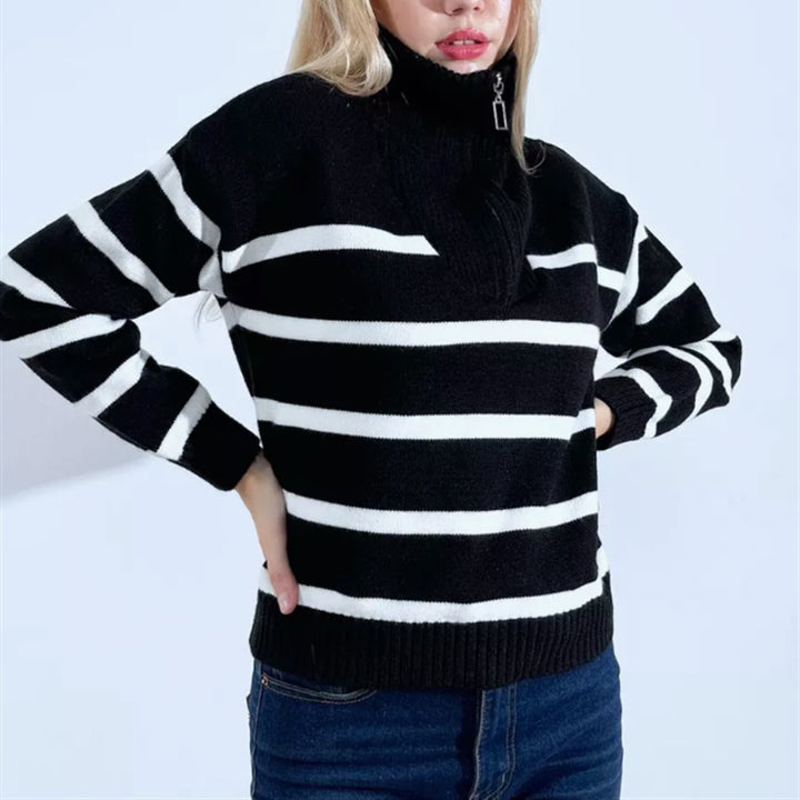 Damen Gestreifter Strickpullover mit kurzem Reißverschluss und Polokragen – Mavelle