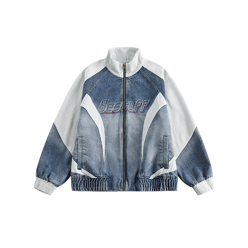 Unisex Boxy-Jeansjacke im Patchwork-Look mit Stehkragen und Reißverschluss Echo Archiv