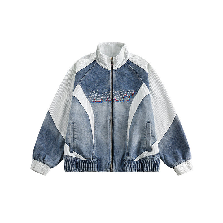Unisex Boxy-Jeansjacke im Patchwork-Look mit Stehkragen und Reißverschluss Echo Archiv