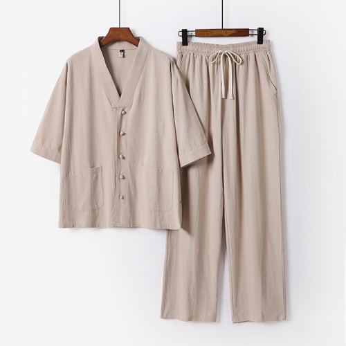 Herren Kimono-Zweiteiler aus Leinenmischung mit V-Ausschnitt, aufgesetzten Taschen und Kordelbundhose Echoarchiv