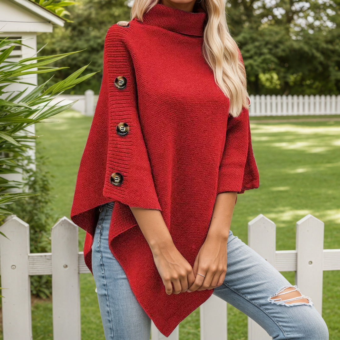 Damen nan asymmetrischer Strickponcho mit Rollkragen und dekorativer Knopfleiste Echo Archiv
