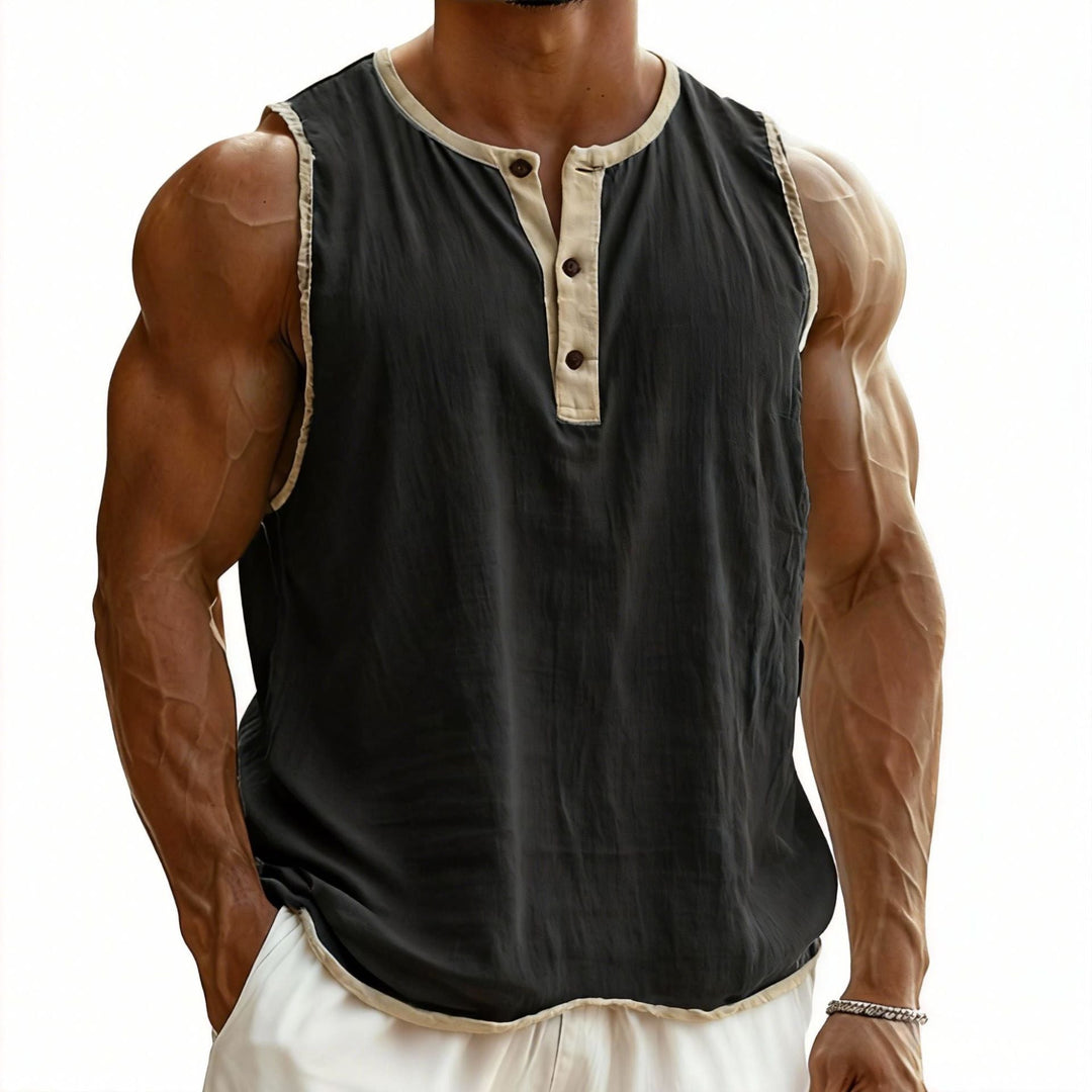Herren nan ärmelloses Henley-Muskelshirt mit Knopfleiste und kontrastierter Einfassung Echoarchiv