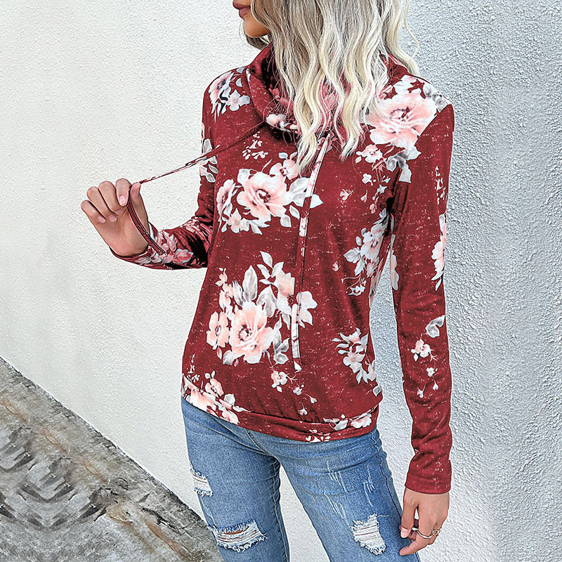 Damen Floraler Leichter Kapuzenpullover mit Wasserfallkragen und Tunnelzug Echoarchiv