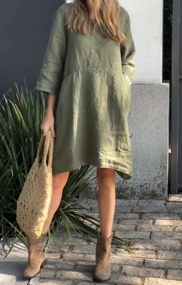 Damen lässiges Leinenkleid mit praktischen Taschen und asymmetrischem Saum Echoarchiv