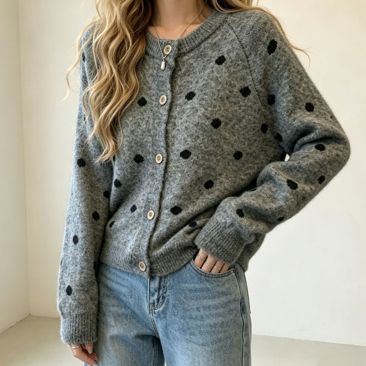 Damen Gepunkteter Mohair‑Optik Button‑Cardigan mit Rundhalsausschnitt – Veloura