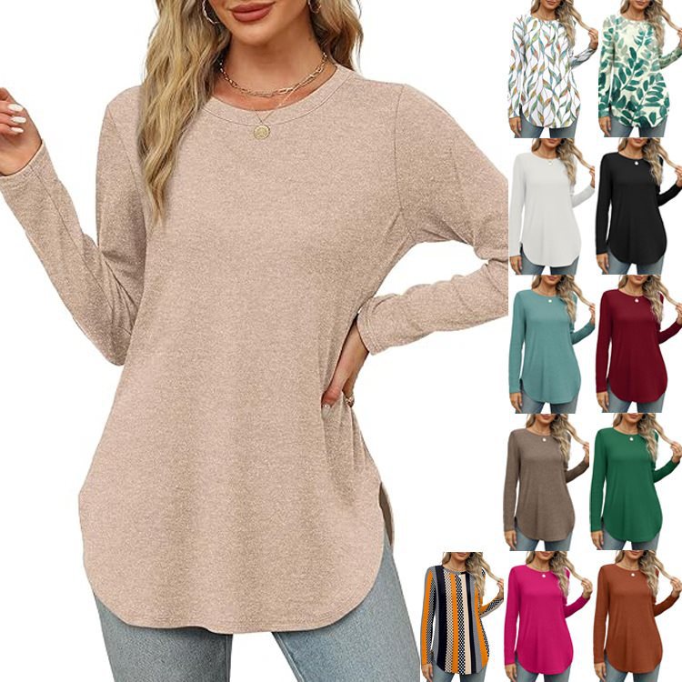Damen Lässiges Longsleeve-Tunikaoberteil mit Rundhalsausschnitt, Seitenschlitzen und Aquarell-Blattprint Echo Archiv