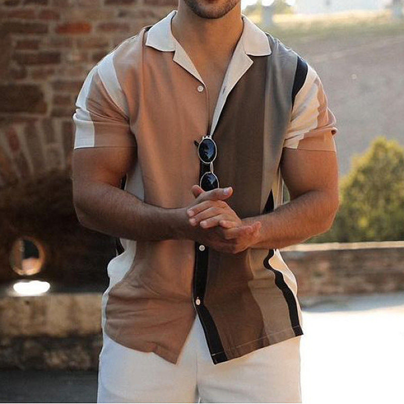 Herren Designer Kurzarmhemd mit modernem Farbblock-Design und feiner Knopfleiste Echoarchiv