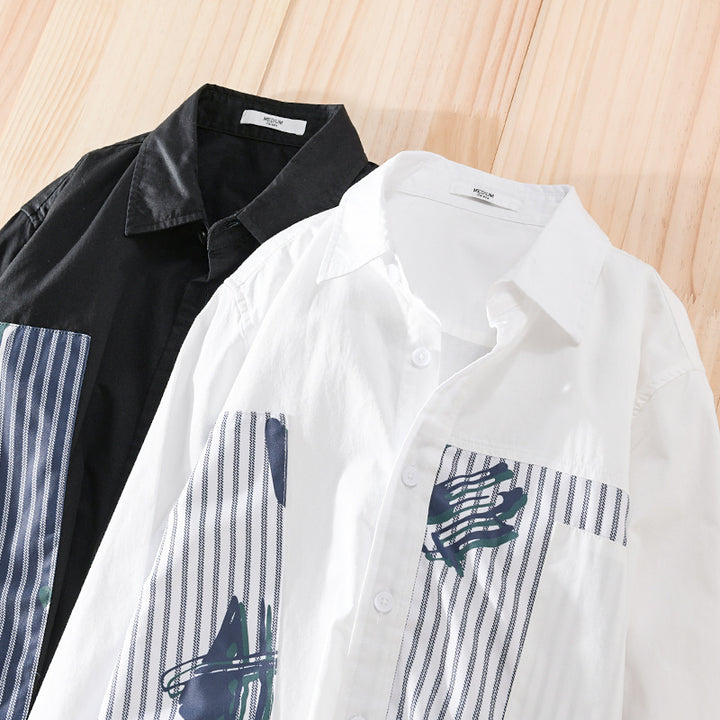 Herren Casual-Overshirt aus Baumwollpopeline mit gestreiften Patch-Einsätzen und Pinselprint Echoarchiv