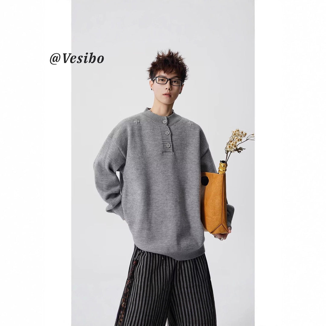 Damen Modischer Oversized Pullover mit Knopfleiste Echoarchiv