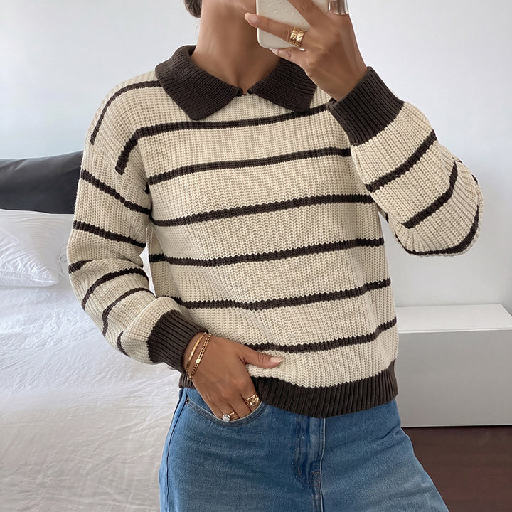 Damen Modischer Strickpullover mit Kragen und Blockstreifen Echo Archiv