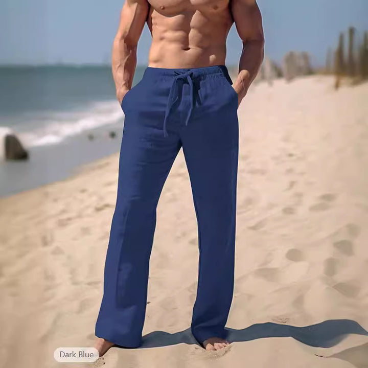 Herren weite Resort-Freizeithose im Palazzo-Stil aus Leinenmix mit Tunnelzug und seitlichen Eingrifftaschen – Sorevano