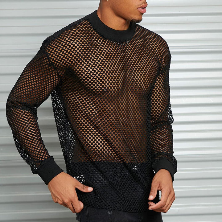 Herren nan transparentes Netz-Langarmshirt mit Rundhals und gerippten Bündchen Echo Archiv