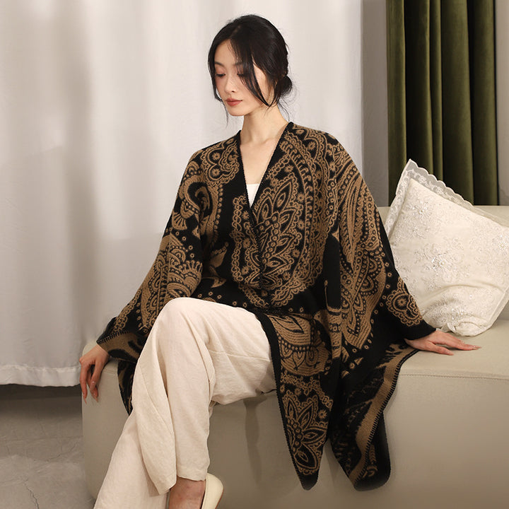 Damen Jacquard-Wollcape mit Paisley-Muster und offenem Überwurf – Avérine