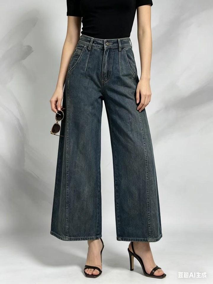 Damen nan hohe Taille Plissée Wide-Leg-Denimhose mit verkürztem Bein und dekorativen Vorderfalten Echo Archiv