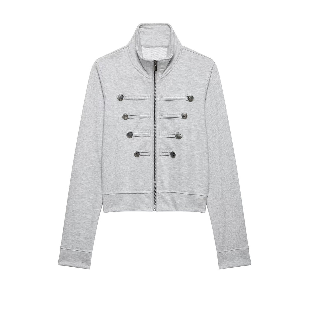Damen Cropped-Sweatjacke mit Stehkragen und dekorativer Zierknopfleiste Echo Archiv