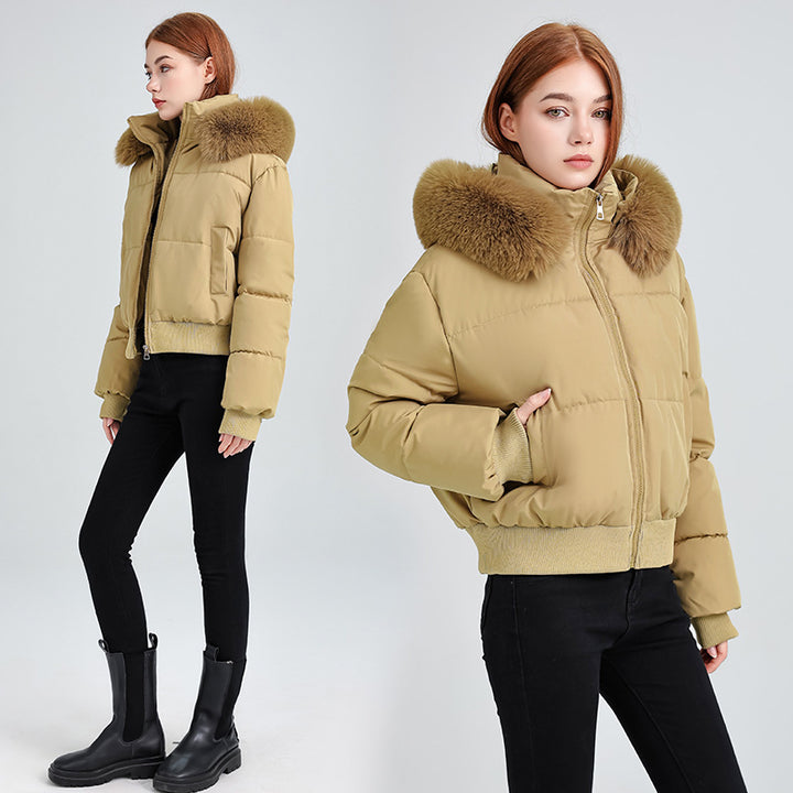 Damen Kurz-Bomber-Steppjacke mit abnehmbarem Plüschkragen und geripptem Saum Echo Archiv