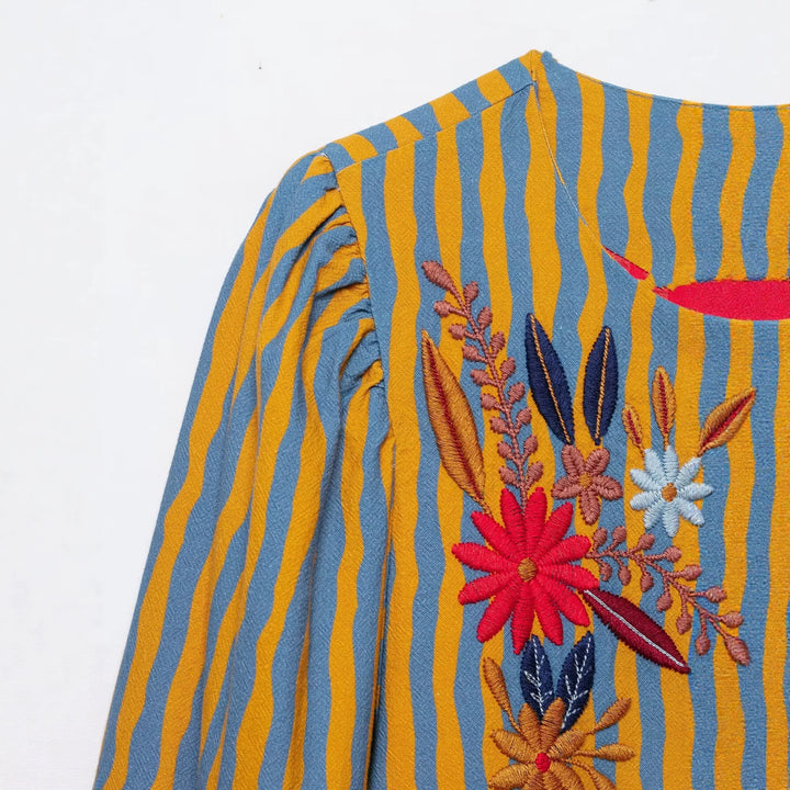 Damen Gestreifte bestickte Blousonjacke mit offener Vorderkante und Bubikragen Echo Archiv