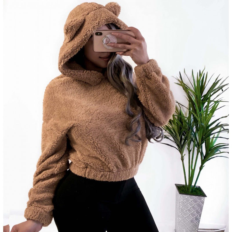 Damen Kurzer Kapuzen‑Sherpa‑Pullover mit Kängurutasche und elastischem Saum Echo Archiv