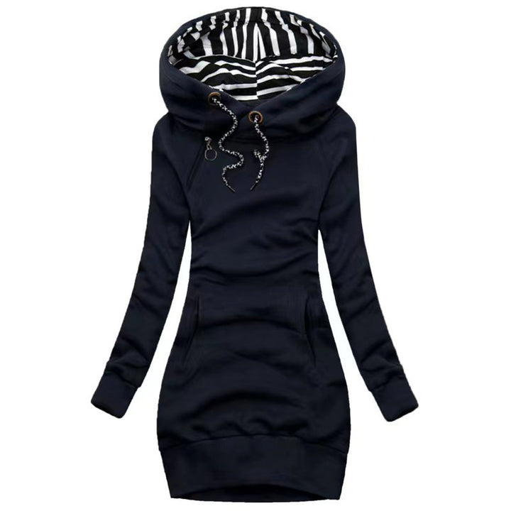 Damen Hoodie-Midi-Kleid mit weitem Funnel-Neck, gestreifter Innenseite und Kängurutaschen – Auréline
