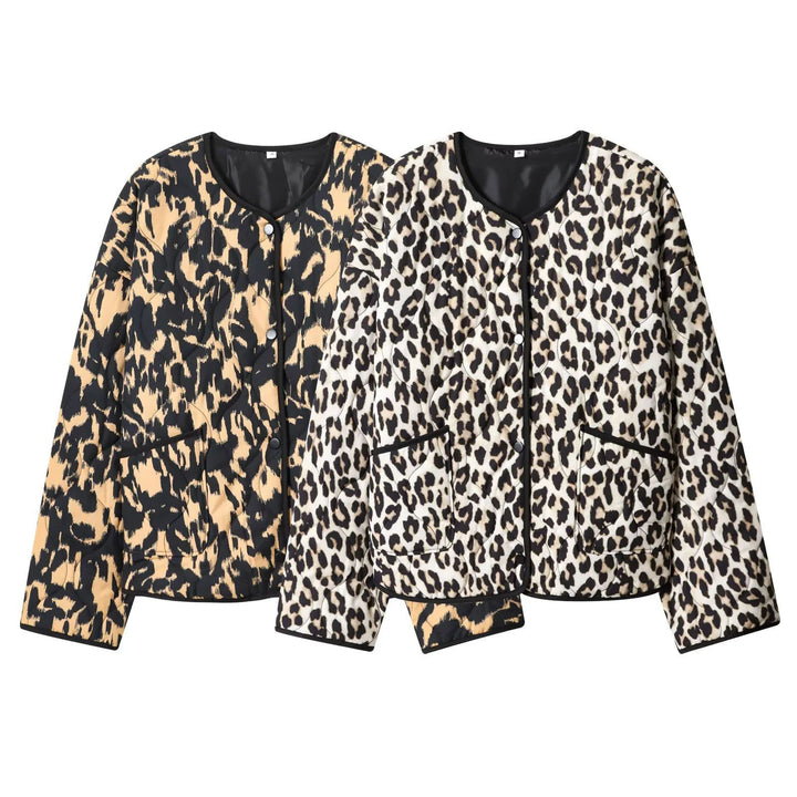 Damen gesteppte Kurzjacke mit animalischem Print, Rundhalsausschnitt und Druckknopfleiste – Célinea