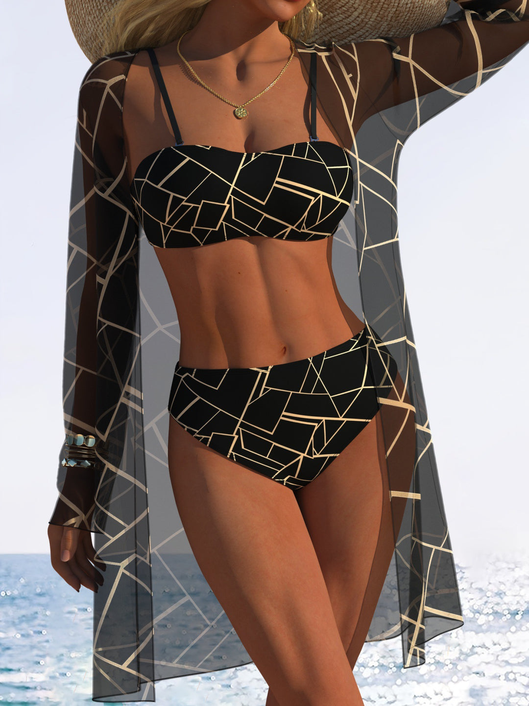 Damen Bikini-Set mit floralem Design und transparenter Strandjacke Echo Archiv