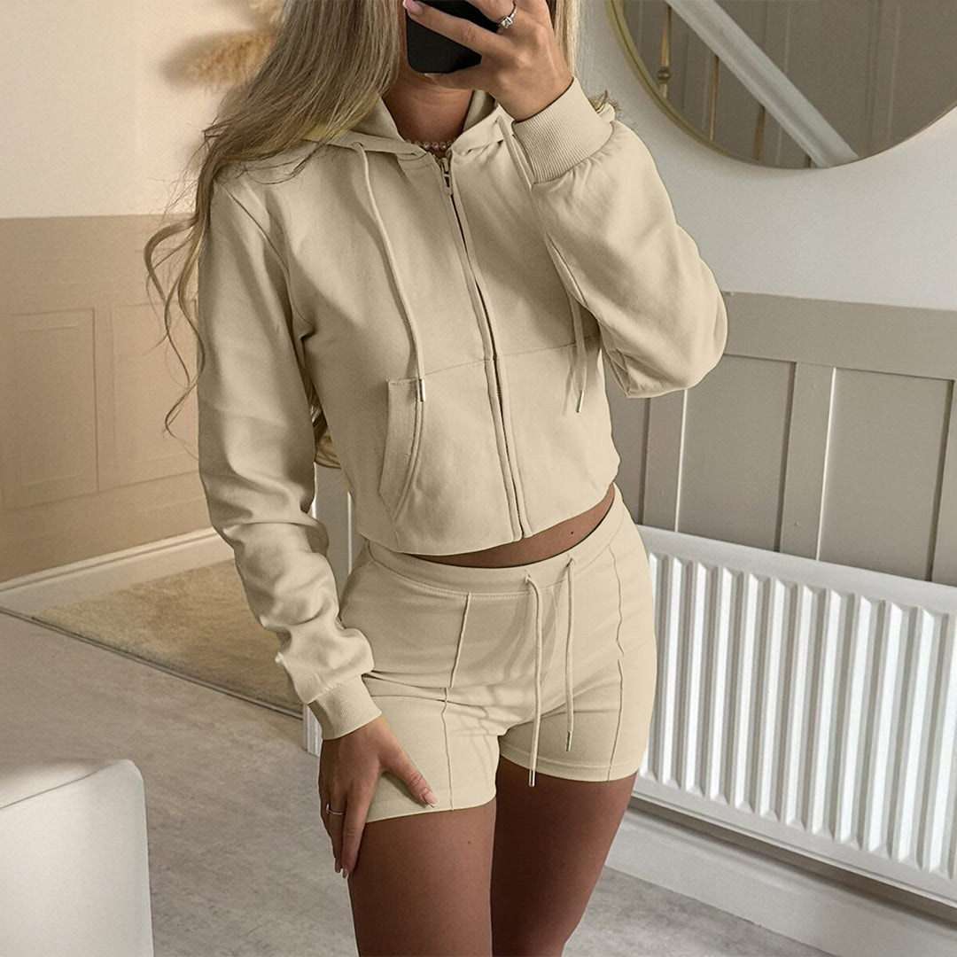 Damen lässiges Sweatshirt- und Short-Set mit dekorativen Schleifen-Applikationen, hohem Rundhalsausschnitt und Tunnelzugbund – Avérine