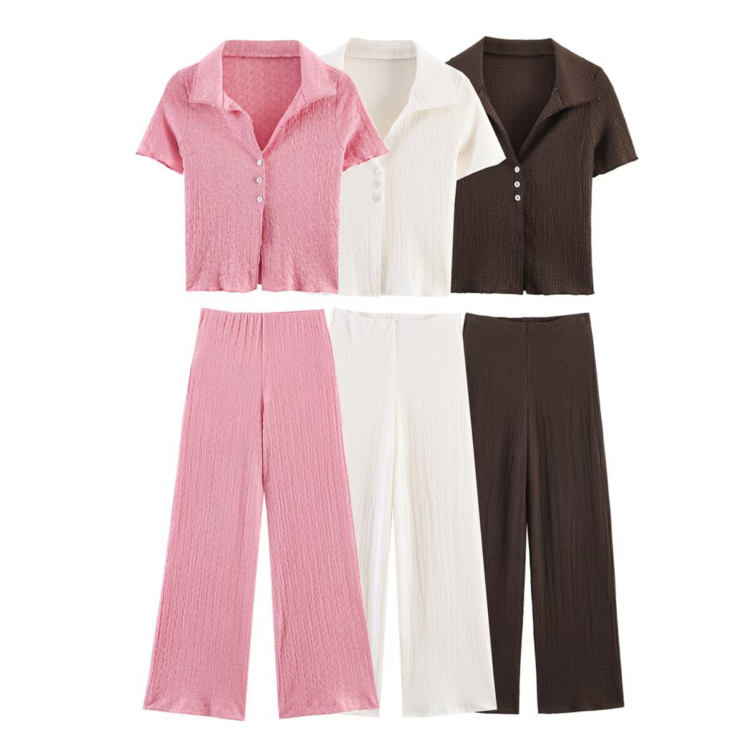 Damen Zweiteiliges Feinstrick-Set mit Kurzarm-Polokragen-Top und High‑Waist Weitbein‑Hose Echo Archiv