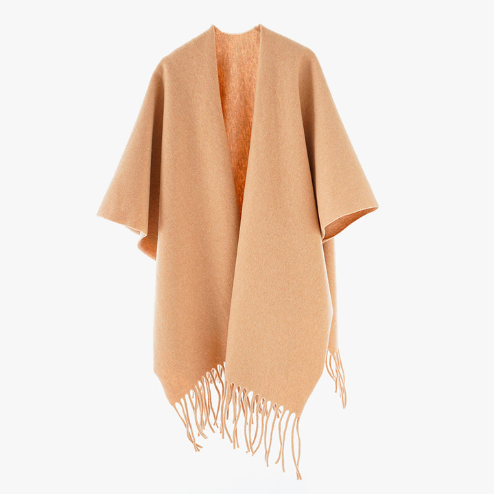 Damen Minimalistischer Wollcape-Überwurf mit Fransensaum und offenem Fall Echo Archiv