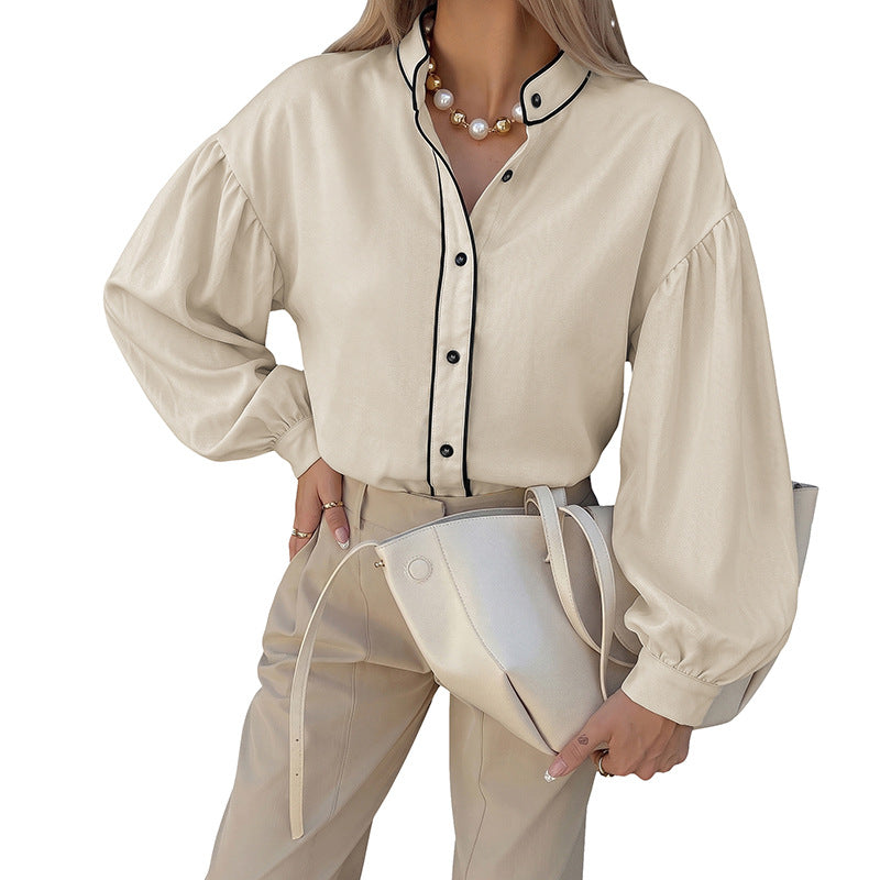 Damen Bluse mit Stehkragen, kontrastierender Paspelierung und Ballonärmeln – Élovi