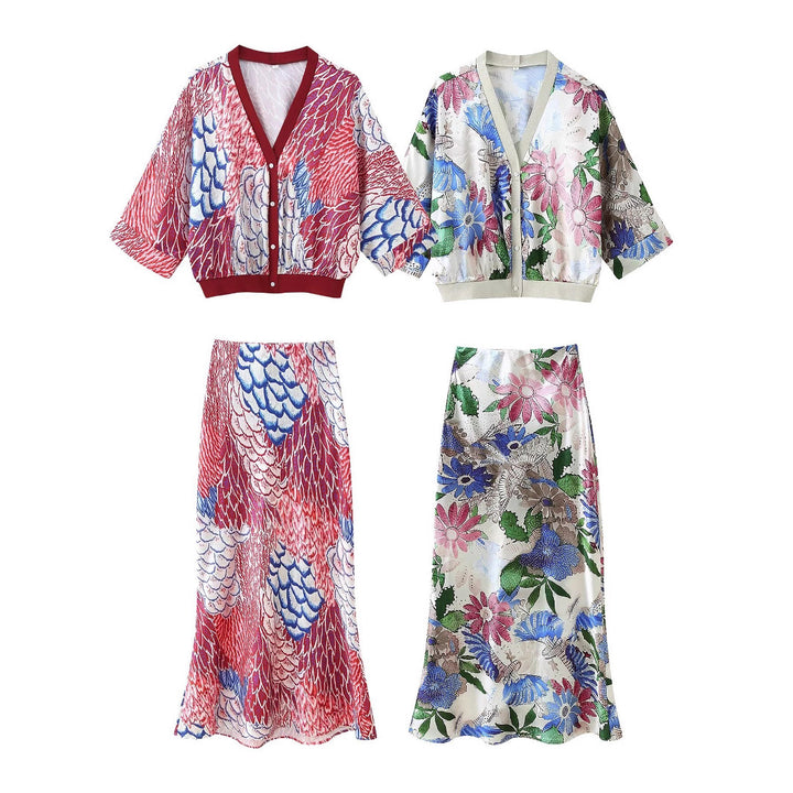 Damen Zweiteiliges Satin-Set mit floral bedruckter Kurzjacke und Bias‑Cut Midirock Echo Archiv