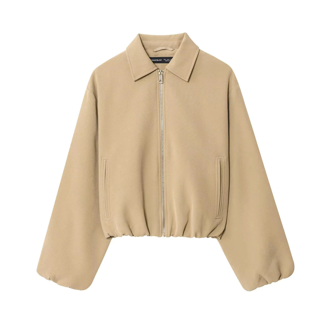 Damen cropped Blousonjacke mit Hemdkragen, verdecktem Metallreißverschluss und elastischem Saum – Célinea