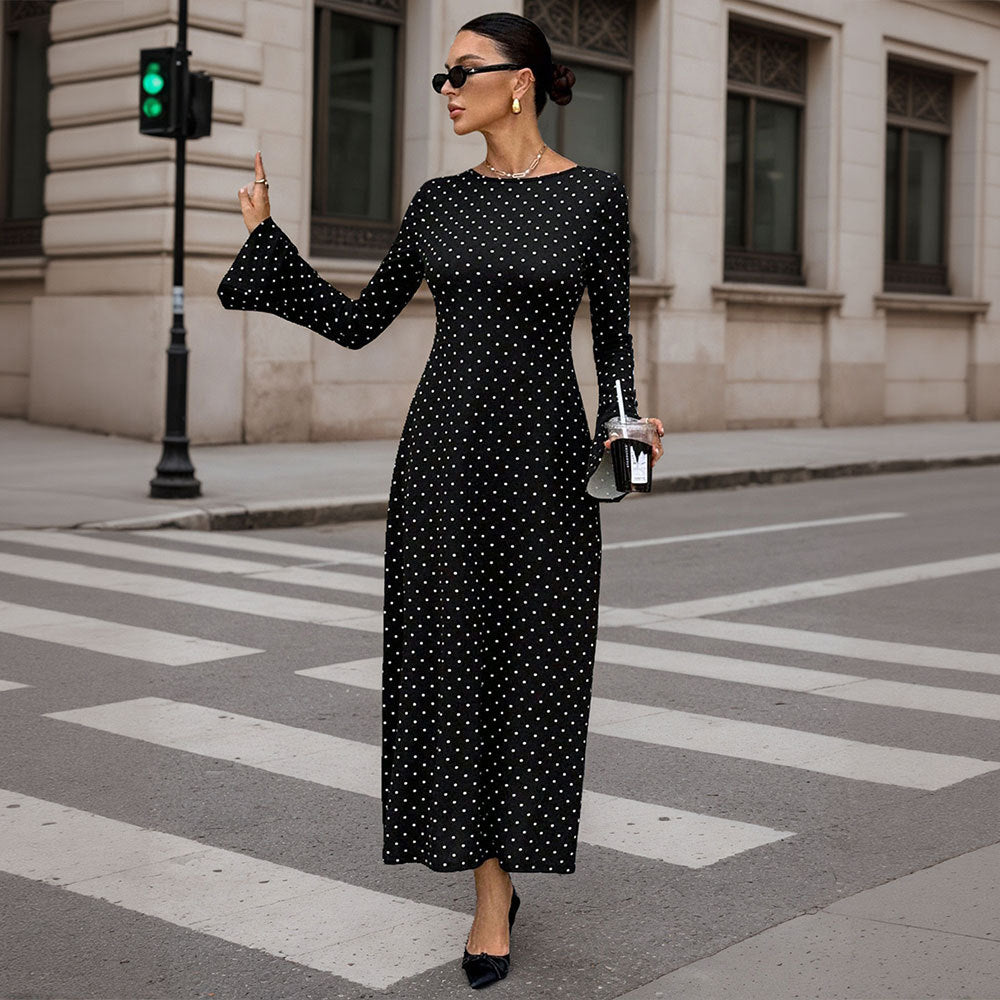 Damen elegantes Polka‑Dot Maxikleid mit tailliertem Oberteil, Trompetenärmeln und fließendem A‑Linien‑Rock – Valéora