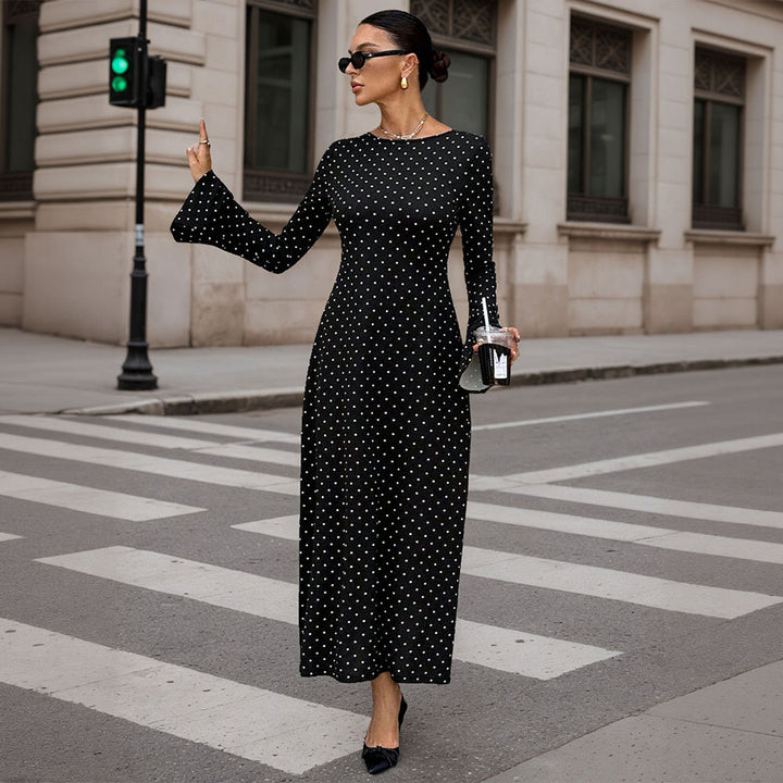 Damen elegantes Polka‑Dot Maxikleid mit tailliertem Oberteil, Trompetenärmeln und fließendem A‑Linien‑Rock – Valéora