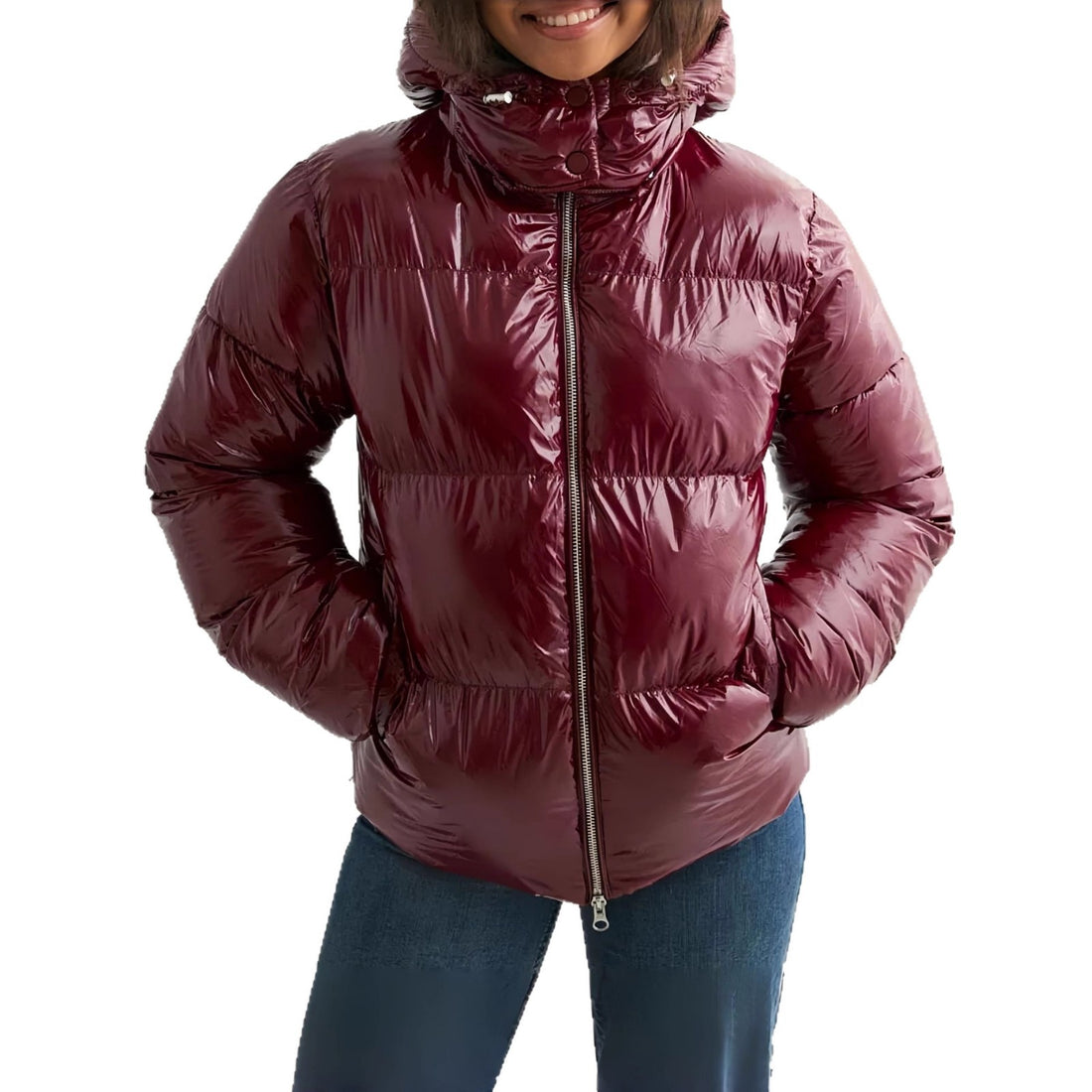 Damen Modische Hochglanz-Steppjacke mit Kapuze – Célinea