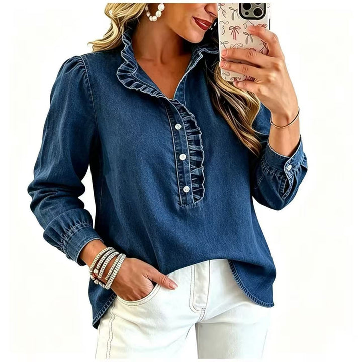 Damen Jeansbluse mit Rüschenkragen und Ballonärmeln Echoarchiv