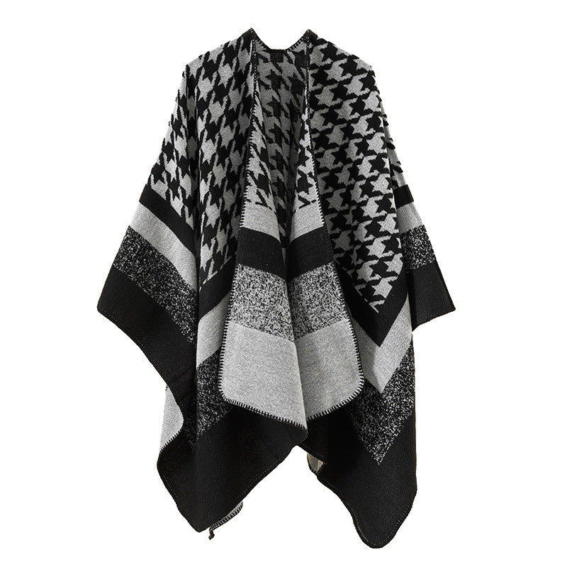 Damen Oversize‑Ruana‑Poncho aus Wollmix mit Hahnentritt- und Blockjacquard – Célinea