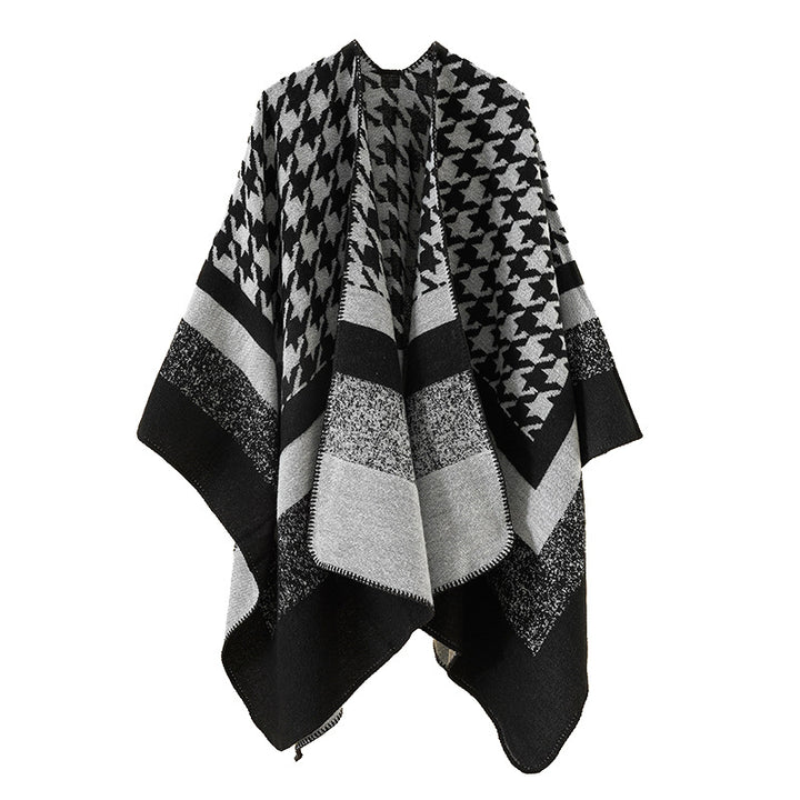 Damen Oversize‑Ruana‑Poncho aus Wollmix mit Hahnentritt- und Blockjacquard – Célinea