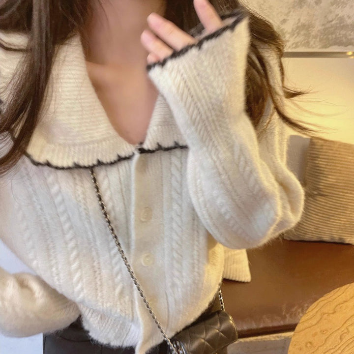 Damen Zopfmuster-Strickcardigan mit großem Matrosenkragen und kontrastkante Echoarchiv