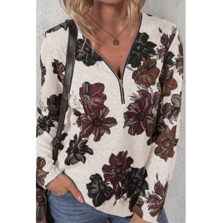 Damen lockeres V-Ausschnitt Longsleeve-Shirt mit kurzem Reißverschluss und floralem Allover-Druck – Orélia