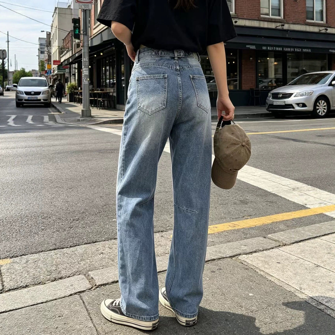 Damen nan hochgeschnittene weite Jeans mit geradem Bein, Knieabnähern und klassischem Five‑Pocket‑Schnitt Echo Archiv