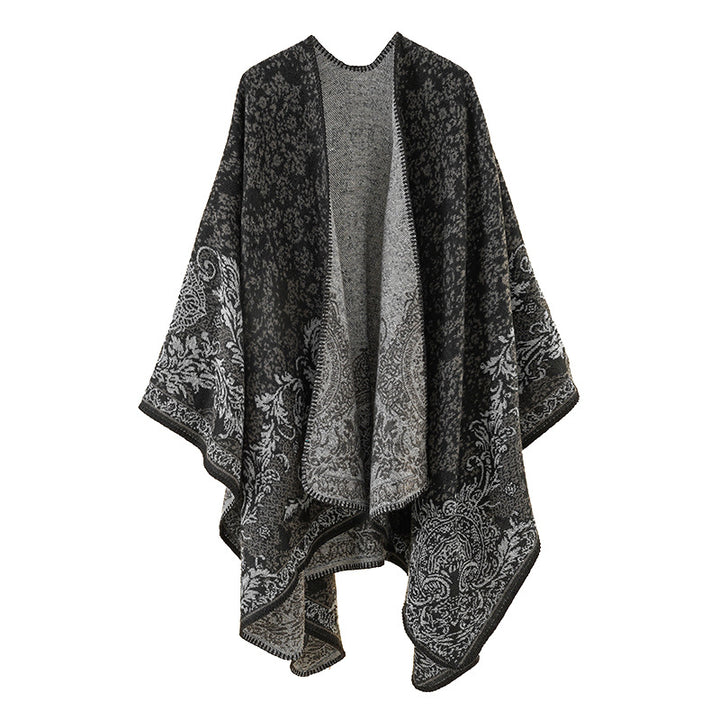 Damen Jacquard-Poncho mit orientalischem Muster und offener Vorderseite – Avérine