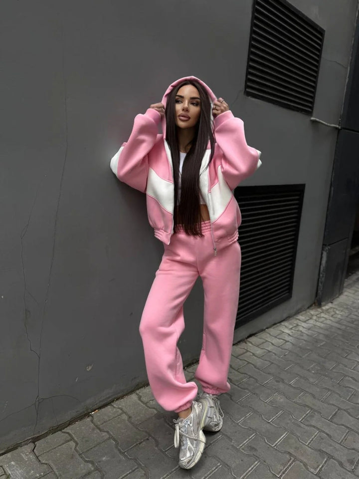 Damen Athleisure-Zweiteiler aus schwerem Neopren-Fleece mit geometrischen Teilungsnähten und hoher Taille – Avérine