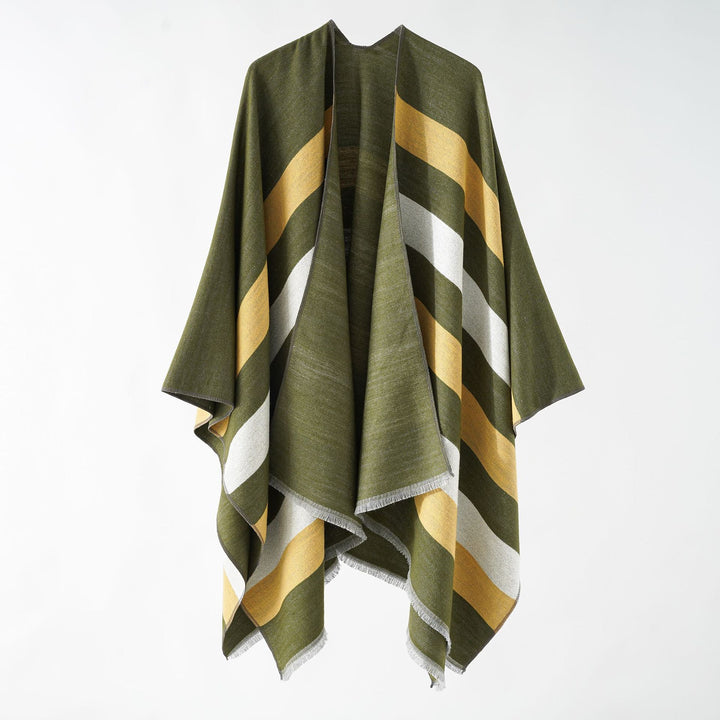 Damen Feiner Wollmix‑Capeüberwurf mit diagonaler Streifenstruktur und Fransensaum Echo Archiv